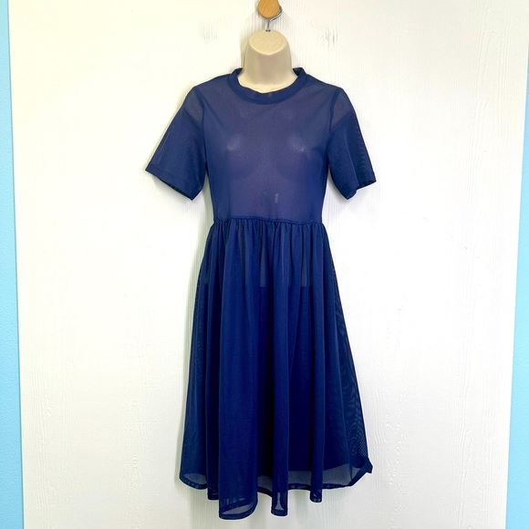 H&M - Dark Blue Crewneck Mesh Short Sleeve See Thru Midi Dress Size 2 - Picture 3 of 9